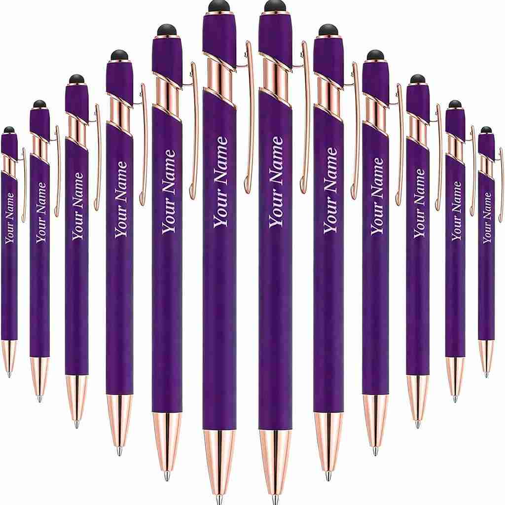 12 personalized 2-in-1 stylus pens in purple with a custom name printed