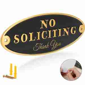 Premium Zinc Alloy No Soliciting Sign - waterproof metal door plate black gold