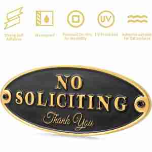 No Soliciting Sign - close-up premium black gold metal door sign